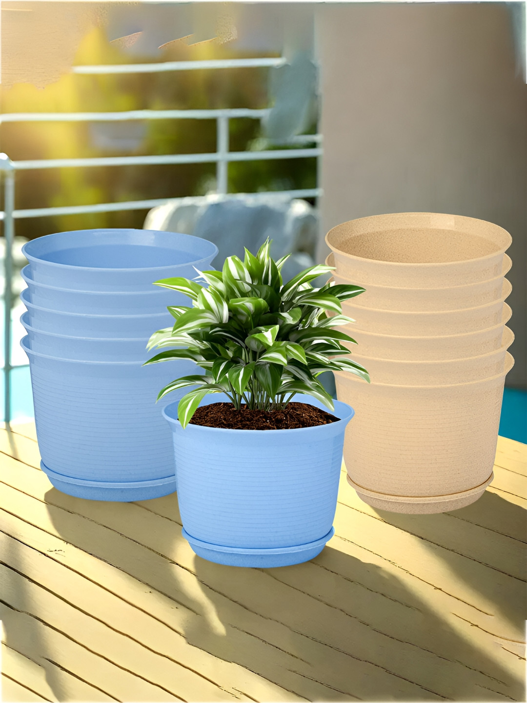 Kuber Industries Marble Titan Blue & Beige 12 Pieces Textured Planters With Tray