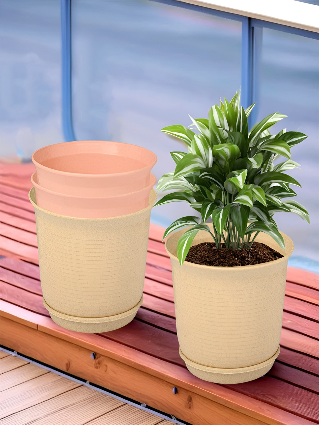 Kuber Industries Marble Sawera Beige & Peach 4 Pieces Textured Planters With Tray
