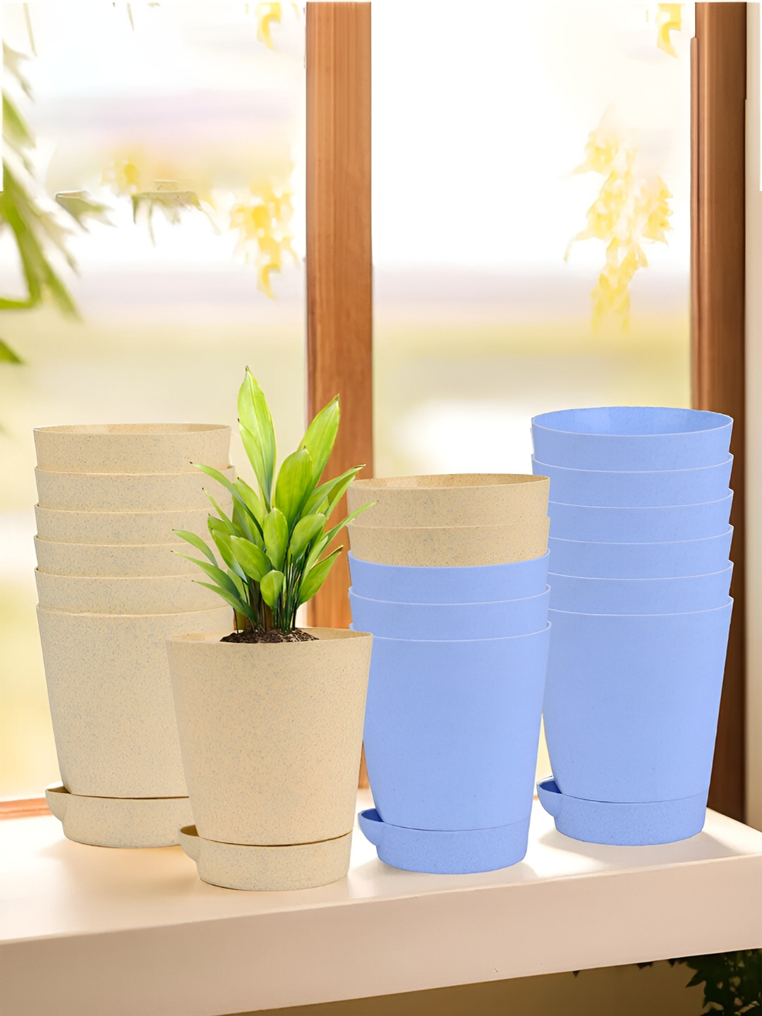 Kuber Industries Blue & Beige 18 Pieces Marble Finish Planters With Tray