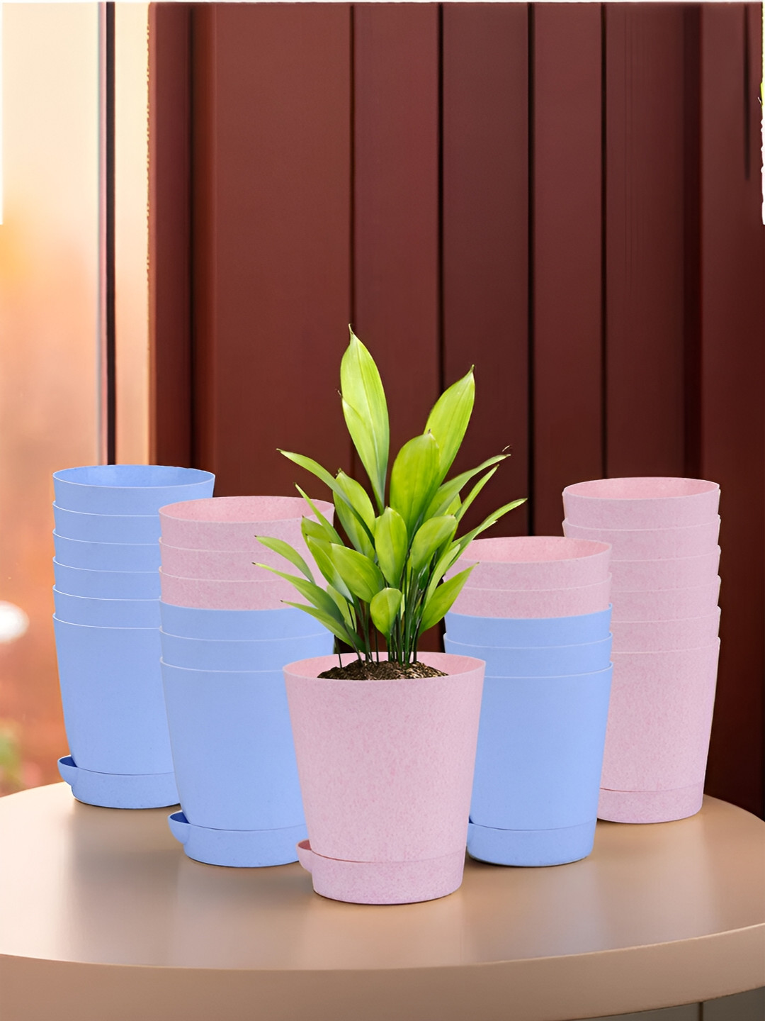 Kuber Industries Blue & Pink 24 Pieces Marble Finish Planters With Tray