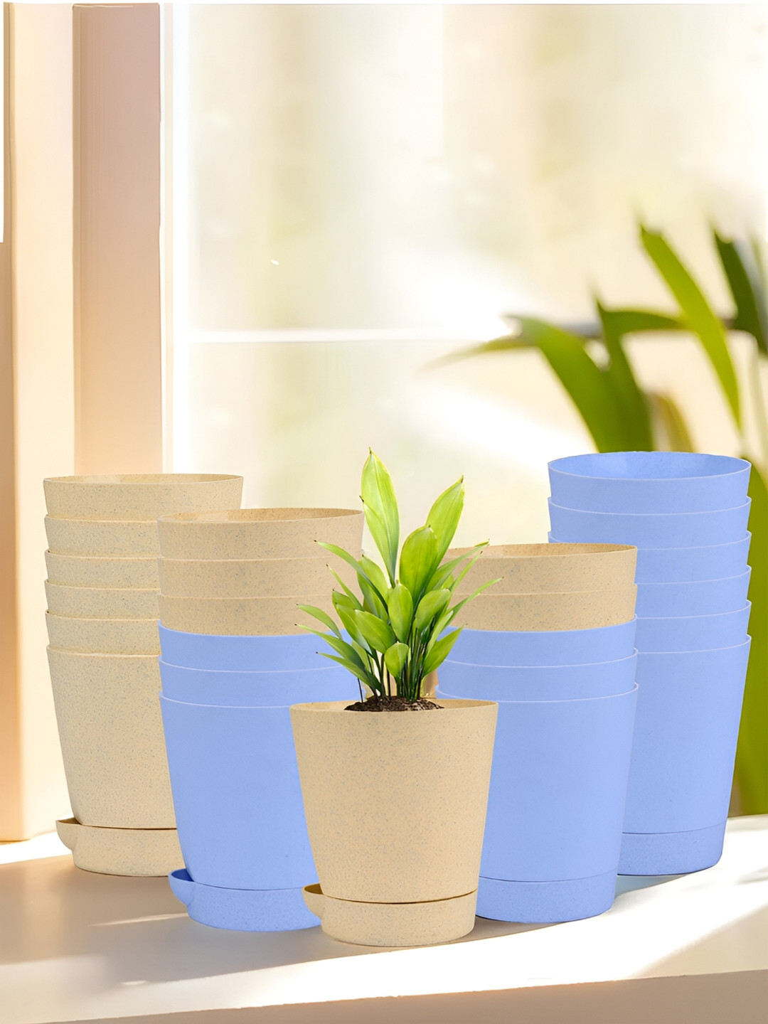 Kuber Industries Marble Titan Blue & Beige 24 Pieces Planters With Tray