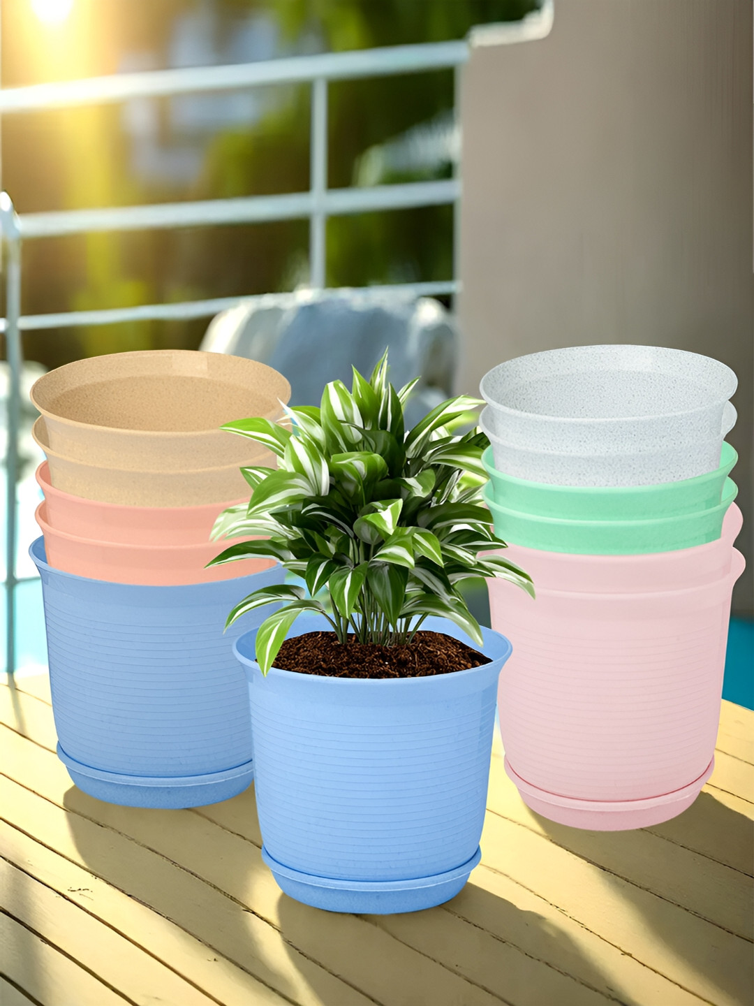 Kuber Industries Marble Sawera White & Pink 12 Pieces Textured Planters With Tray