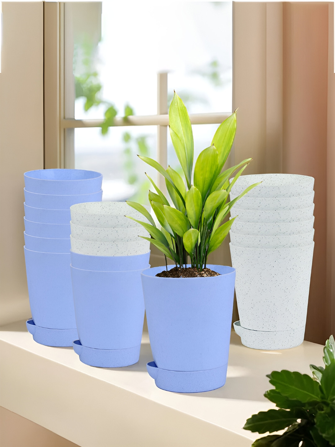 Kuber Industries Marble Titan White & Blue 18 pieces Planters With Tray