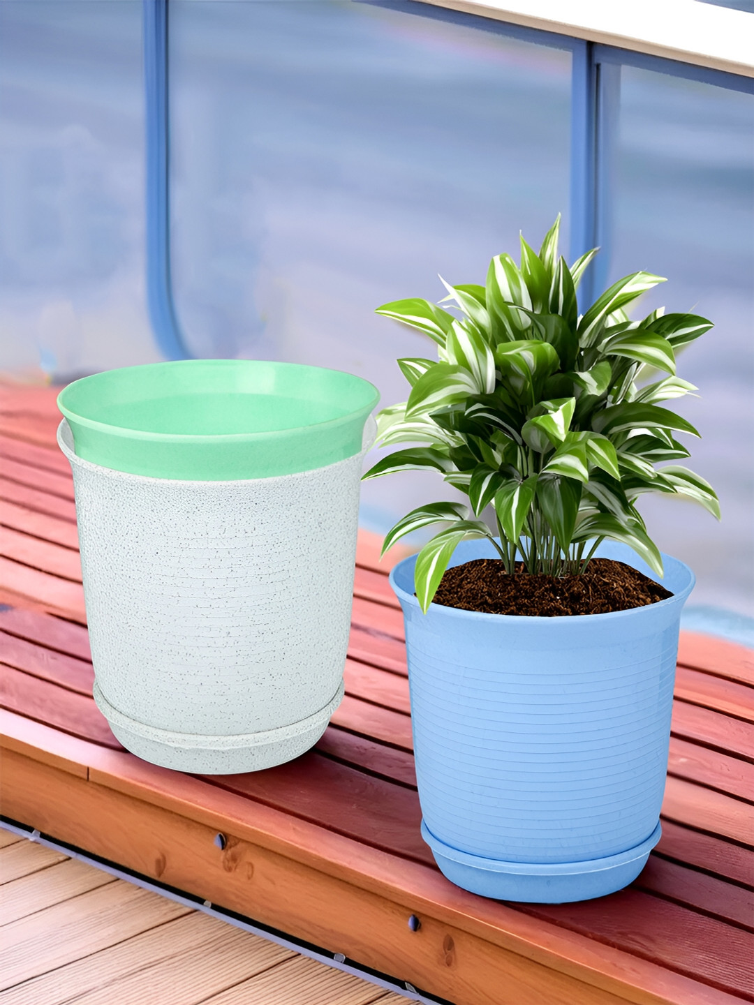 Kuber Industries White & Green 3 Pieces Marble Finish Planters With Tray