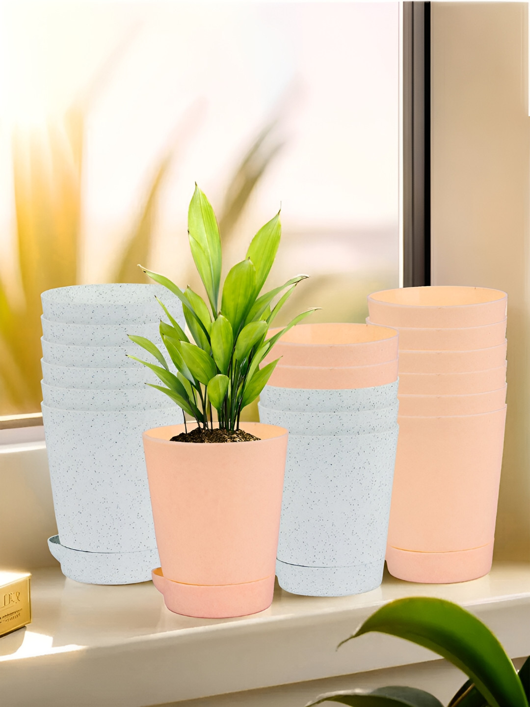 Kuber Industries Marble Titan White & Peach 18 Pieces Planters With Tray