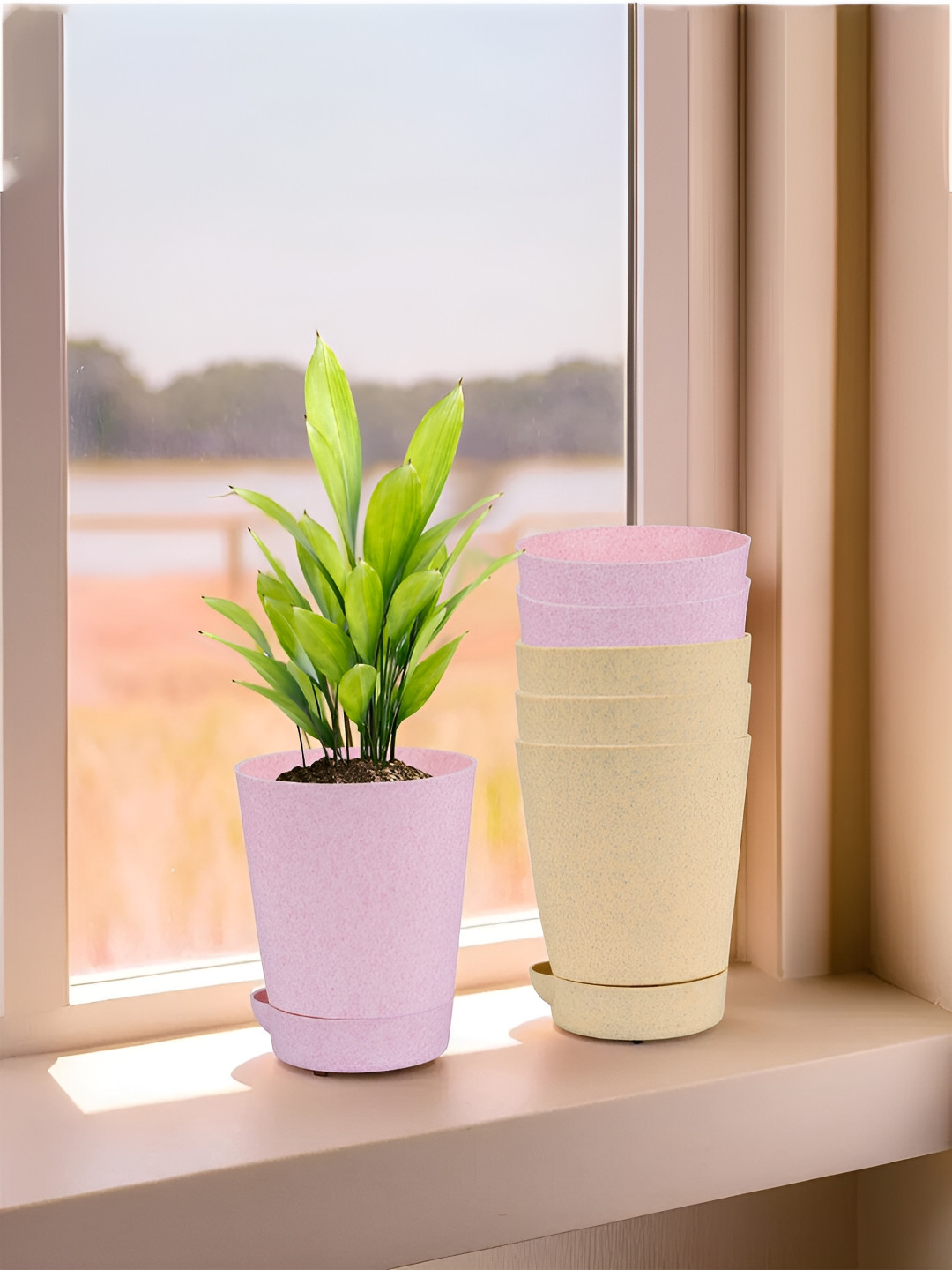 Kuber Industries Marble Titan Beige & Pink 6 Pieces Planters With Tray