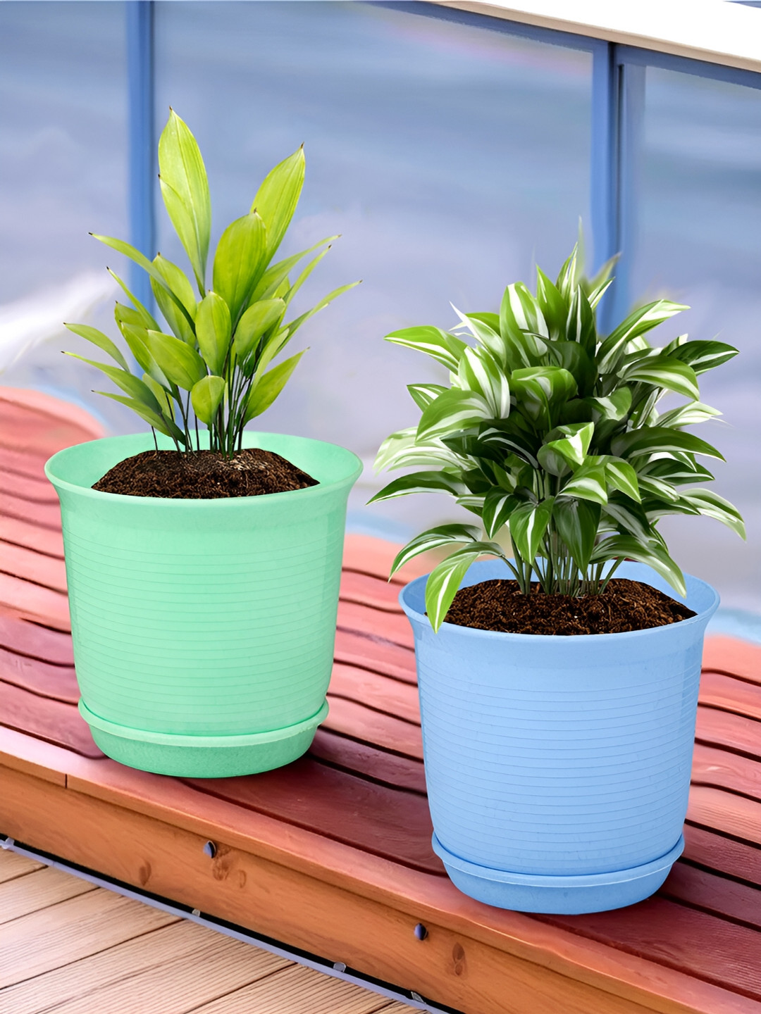 Kuber Industries Blue & Green 2 Pieces Marble Finish Planters With Tray