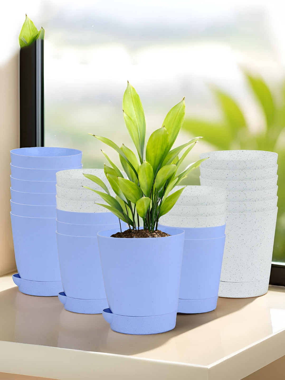 Kuber Industries White & Blue 124 Pieces Marble Finish Planters With Tray