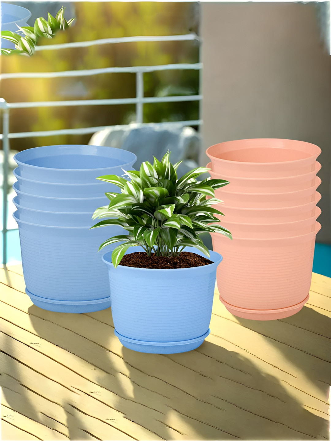 Kuber Industries Marble Sawera Blue & Peach 12 Pieces Textured Planters With Tray