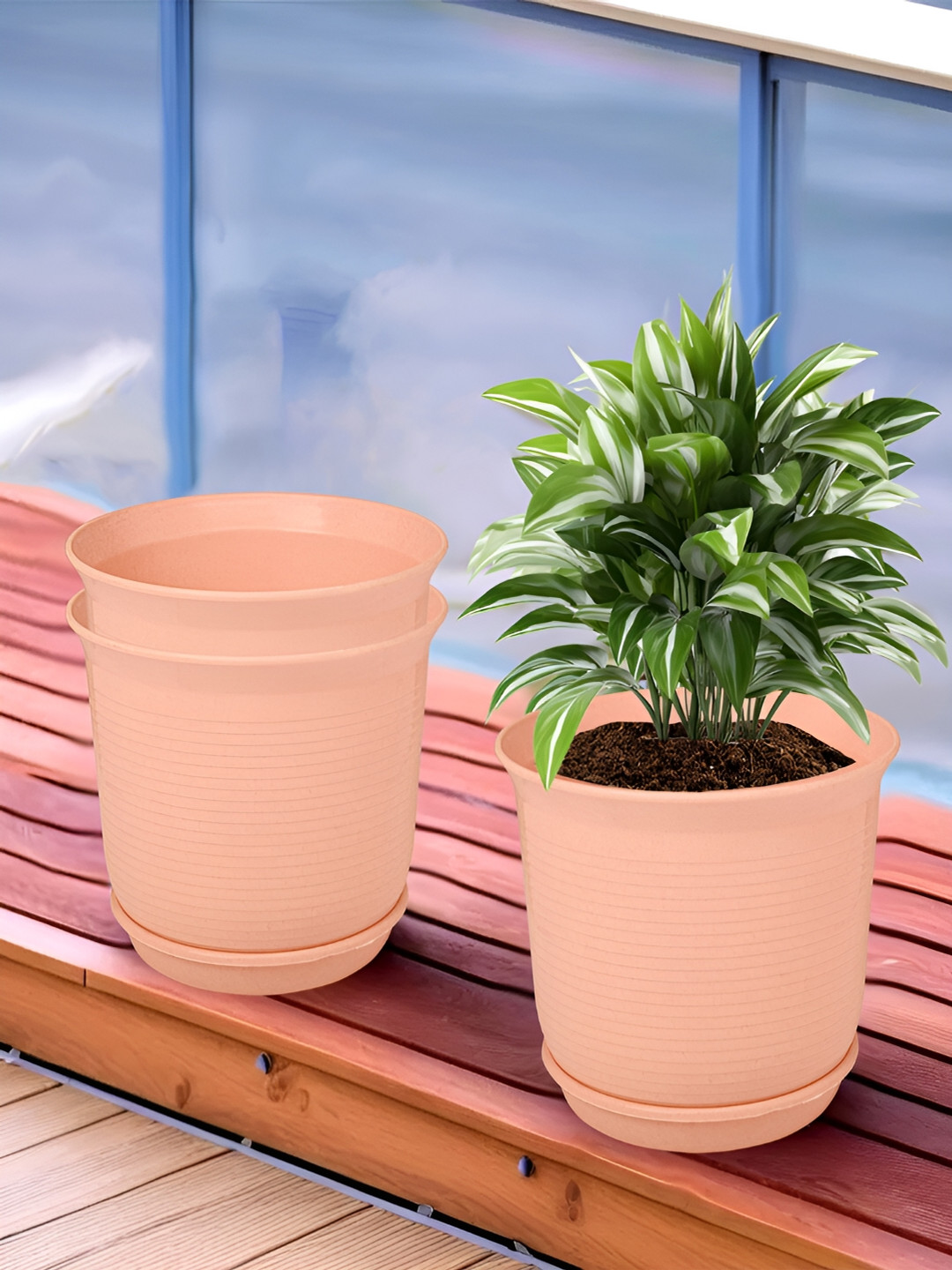 Kuber Industries Peach3 Pieces Marble Finish Planters With Tray