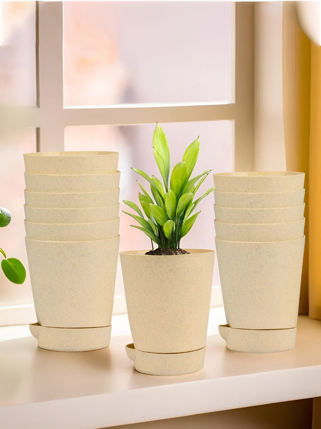Kuber Industries Marble Titan Beige 12 Pieces Planters With Tray