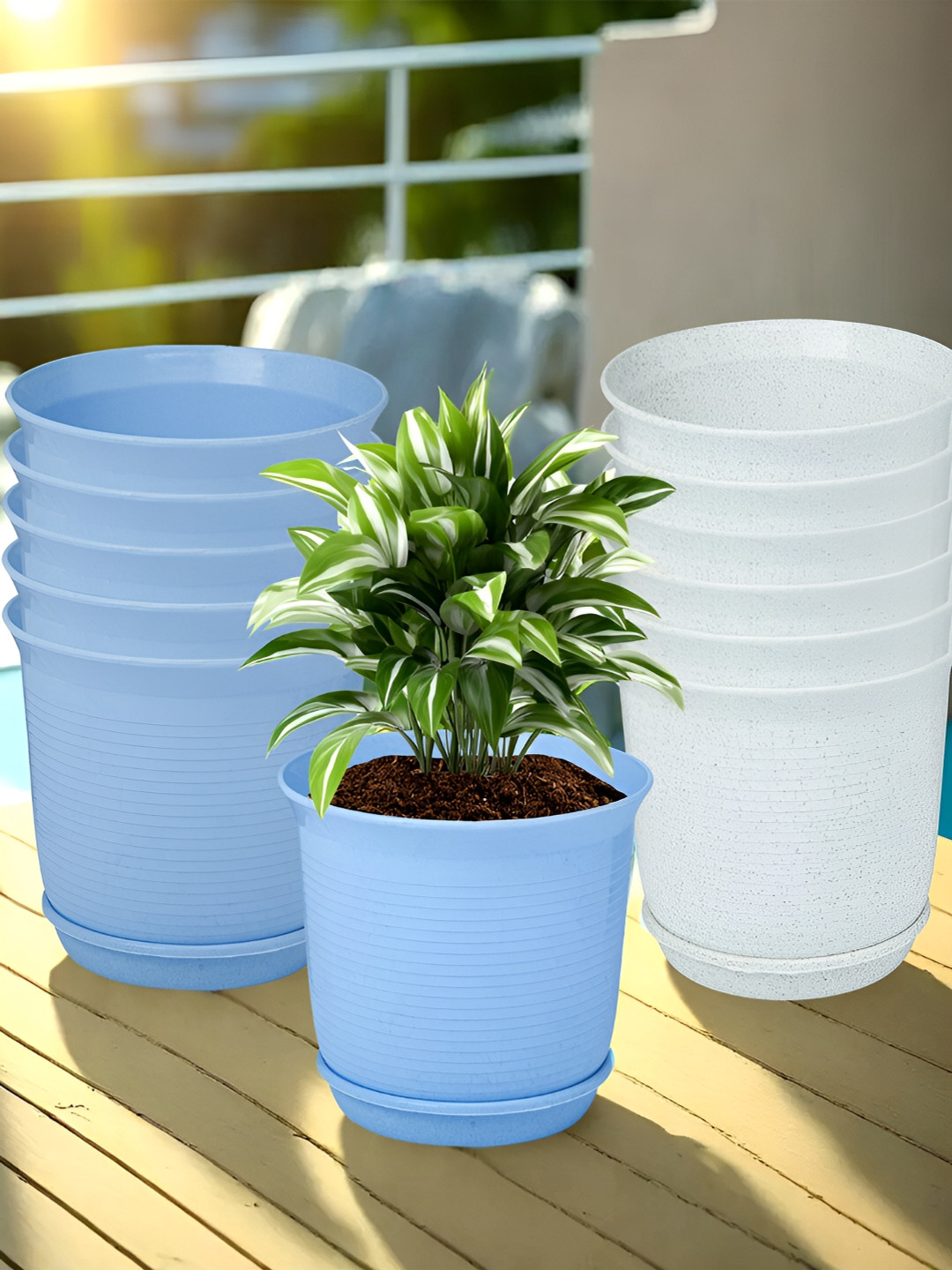 Kuber Industries Marble Sawera White & Blue 12 Pieces Textured Planters With Tray