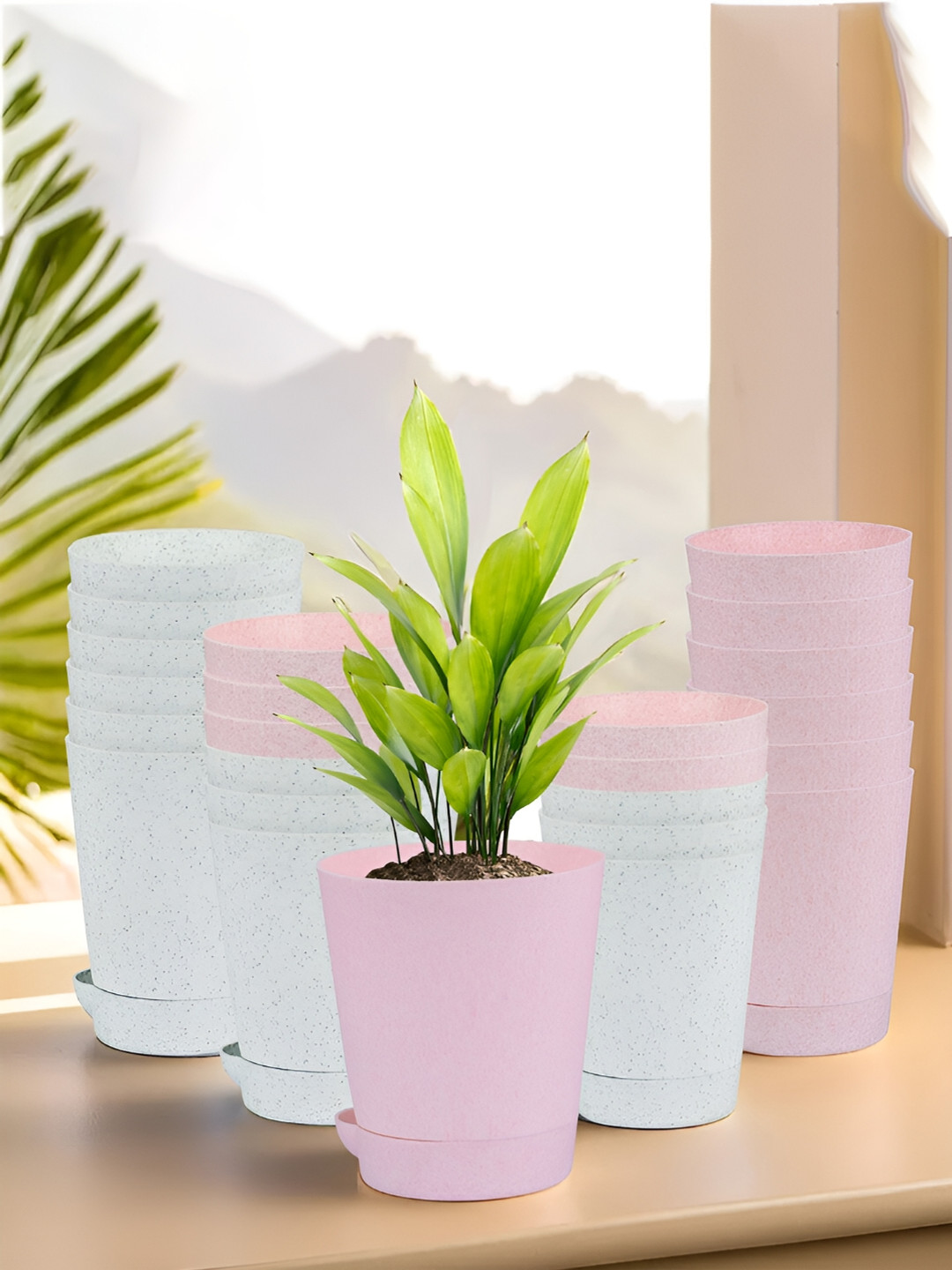 Kuber Industries Marble Titan White & Pink 24 Pieces Planters With Tray