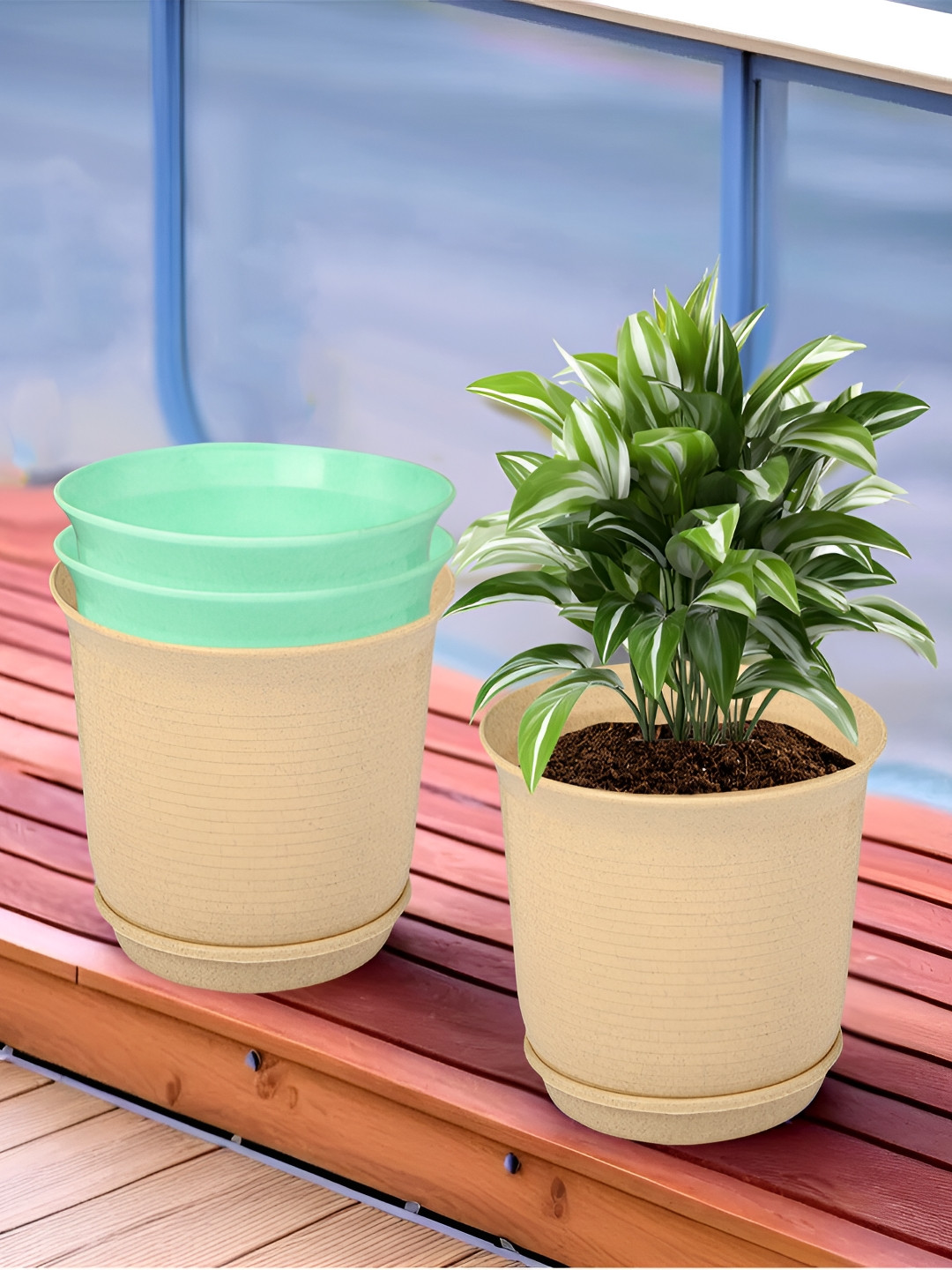 Kuber Industries Marble Sawera Beige & Green 4 Pieces Textured Planters With Tray