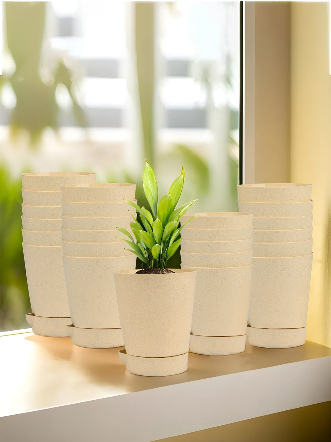 Kuber Industries Marble Titan Beige 24 Pieces Planters With Tray