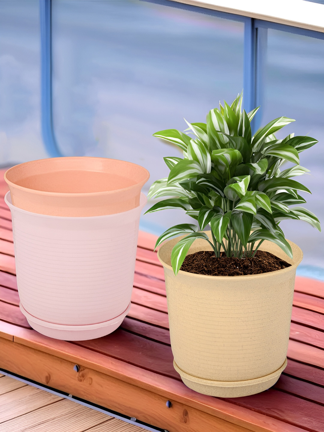 Kuber Industries Marble Sawera Beige & Pink 3 Pieces Textured Planters With Tray