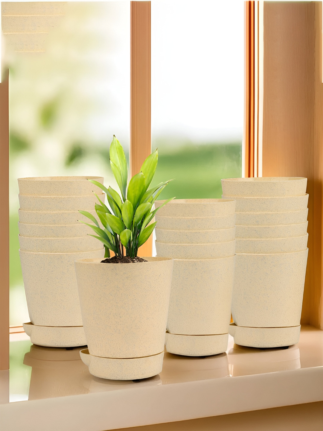 Kuber Industries Marble Titan Beige 18 Pieces Planters With Tray