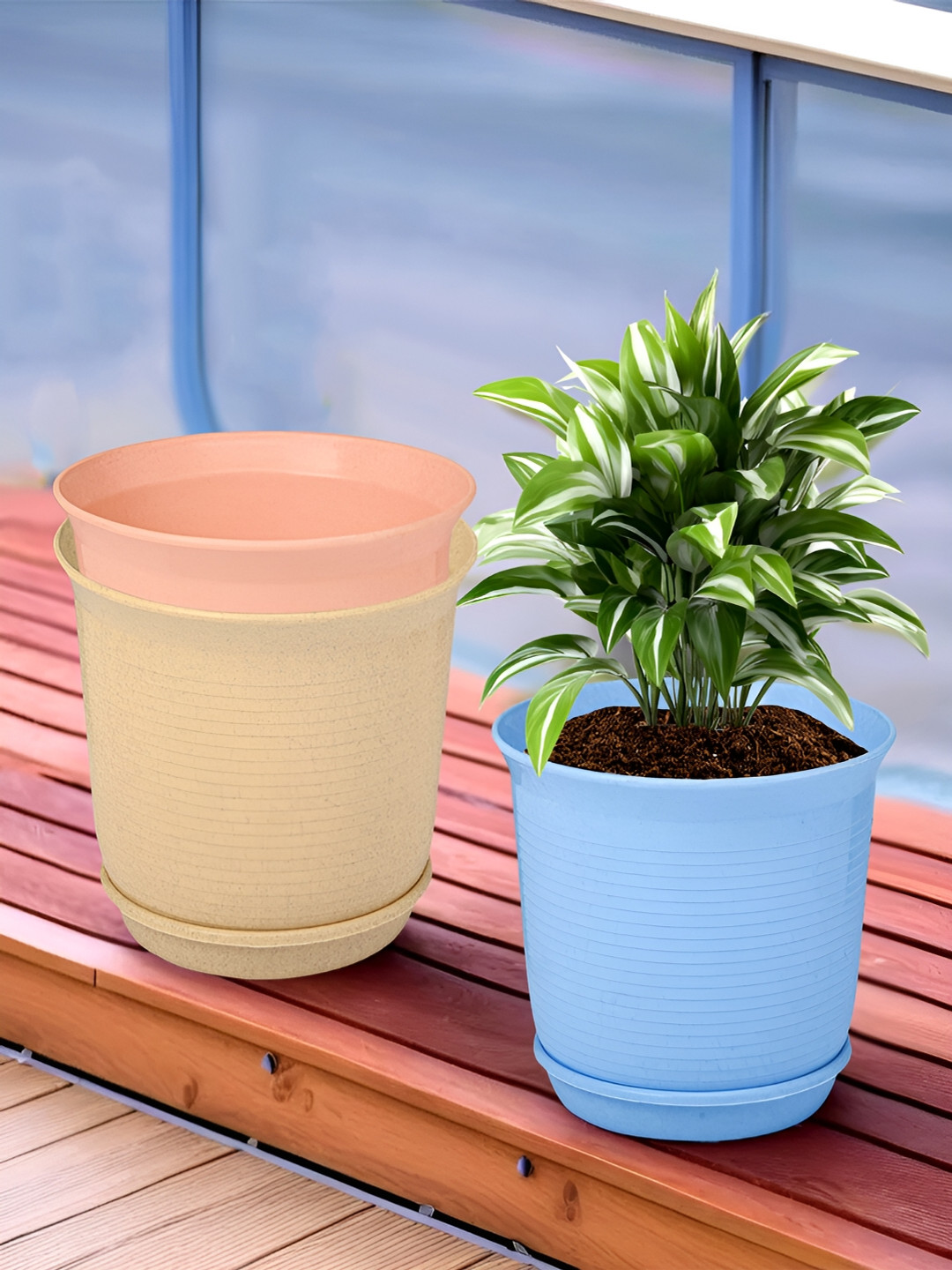 Kuber Industries Marble Sawera Peach & Blue 3 Pieces Textured Planters With Tray
