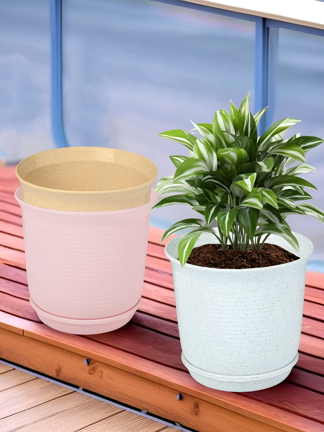 Kuber Industries Marble Sawera White & Pink 3 Pieces Textured Planters With Tray