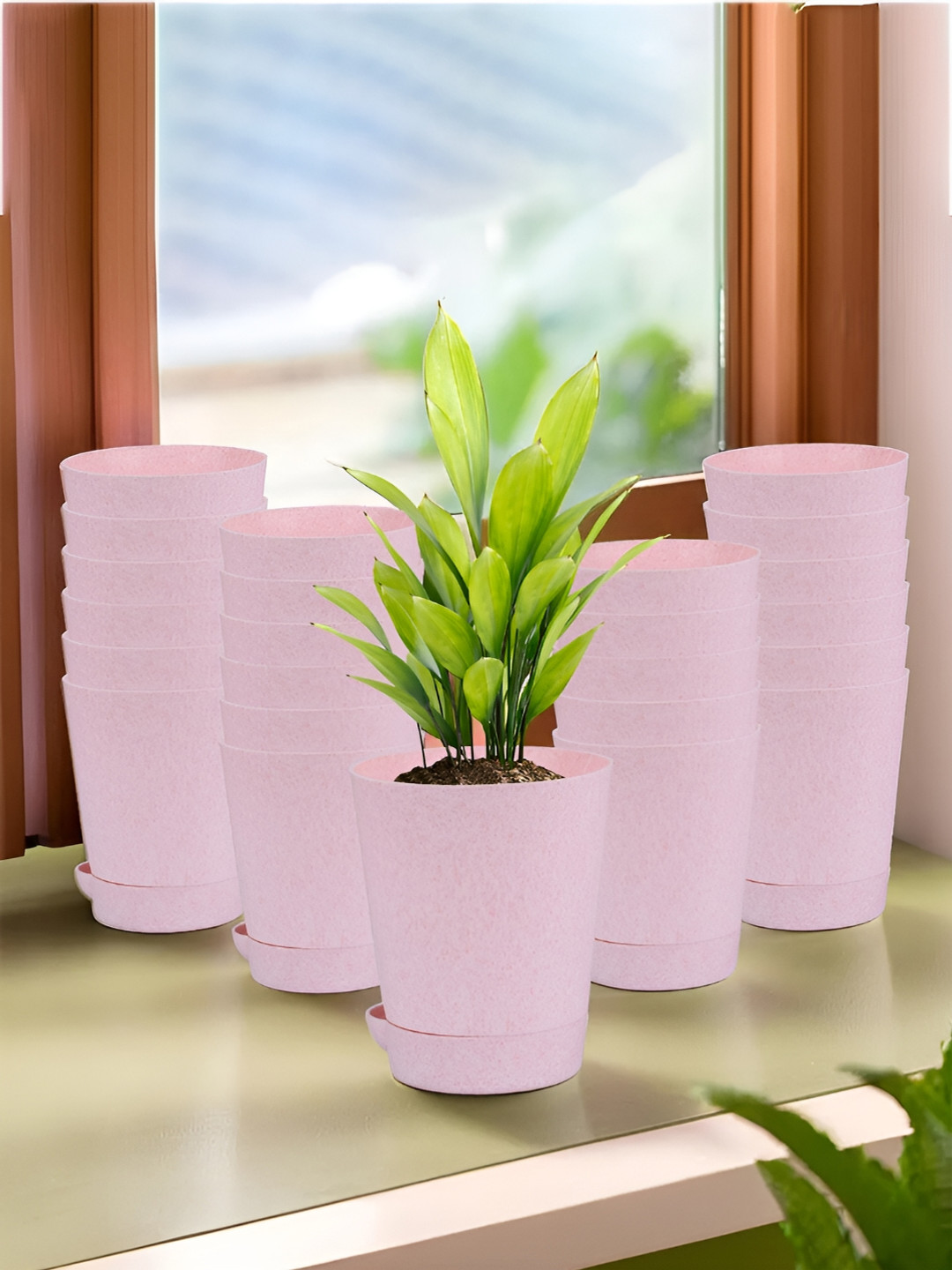 Kuber Industries Pink 24 Pieces Marble Finish Planters With Tray