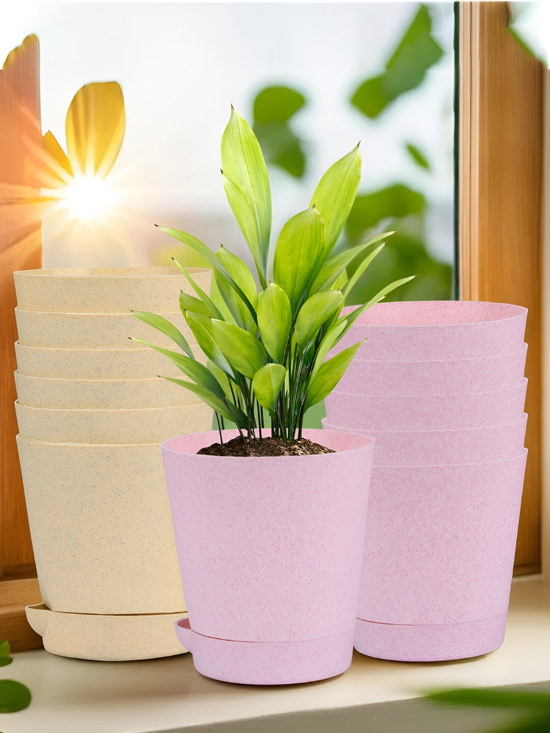 Kuber Industries Marble Titan Beige & Pink 12 Pieces Planters With Tray