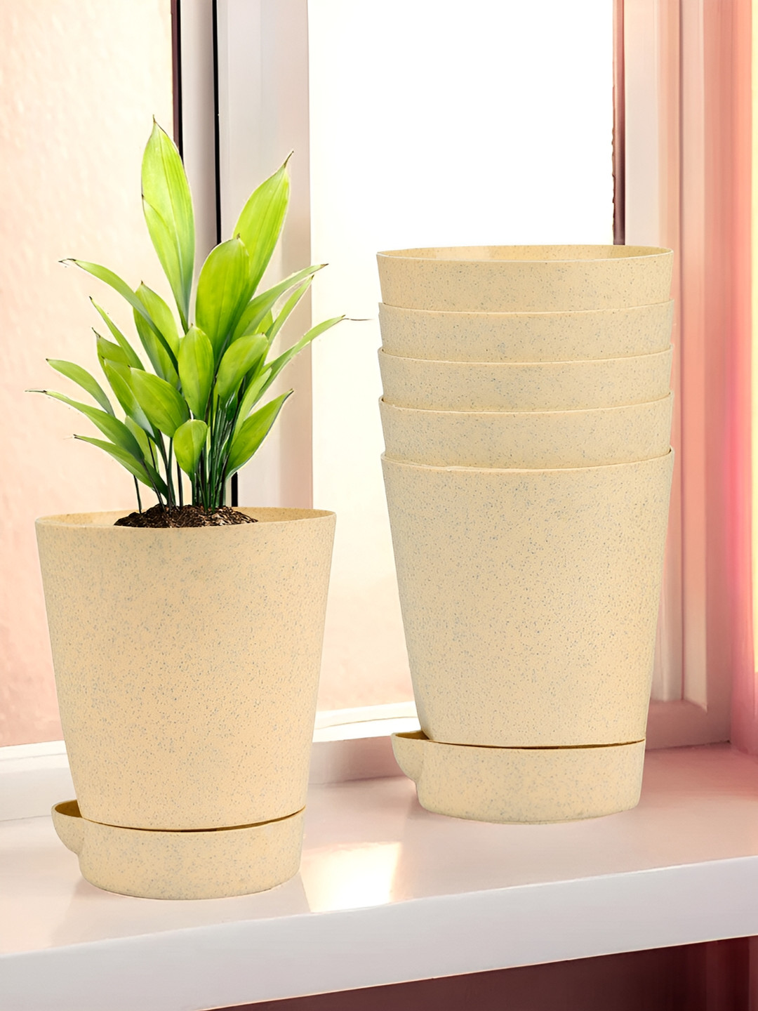 Kuber Industries Marble Titan Beige 6 Pieces Planters With Tray
