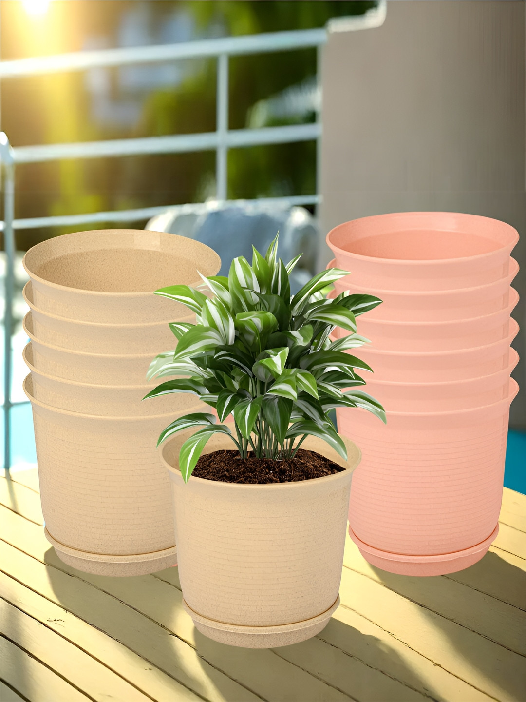 Kuber Industries Marble Sawera Beige & Peach 12 Pieces Planters With Tray
