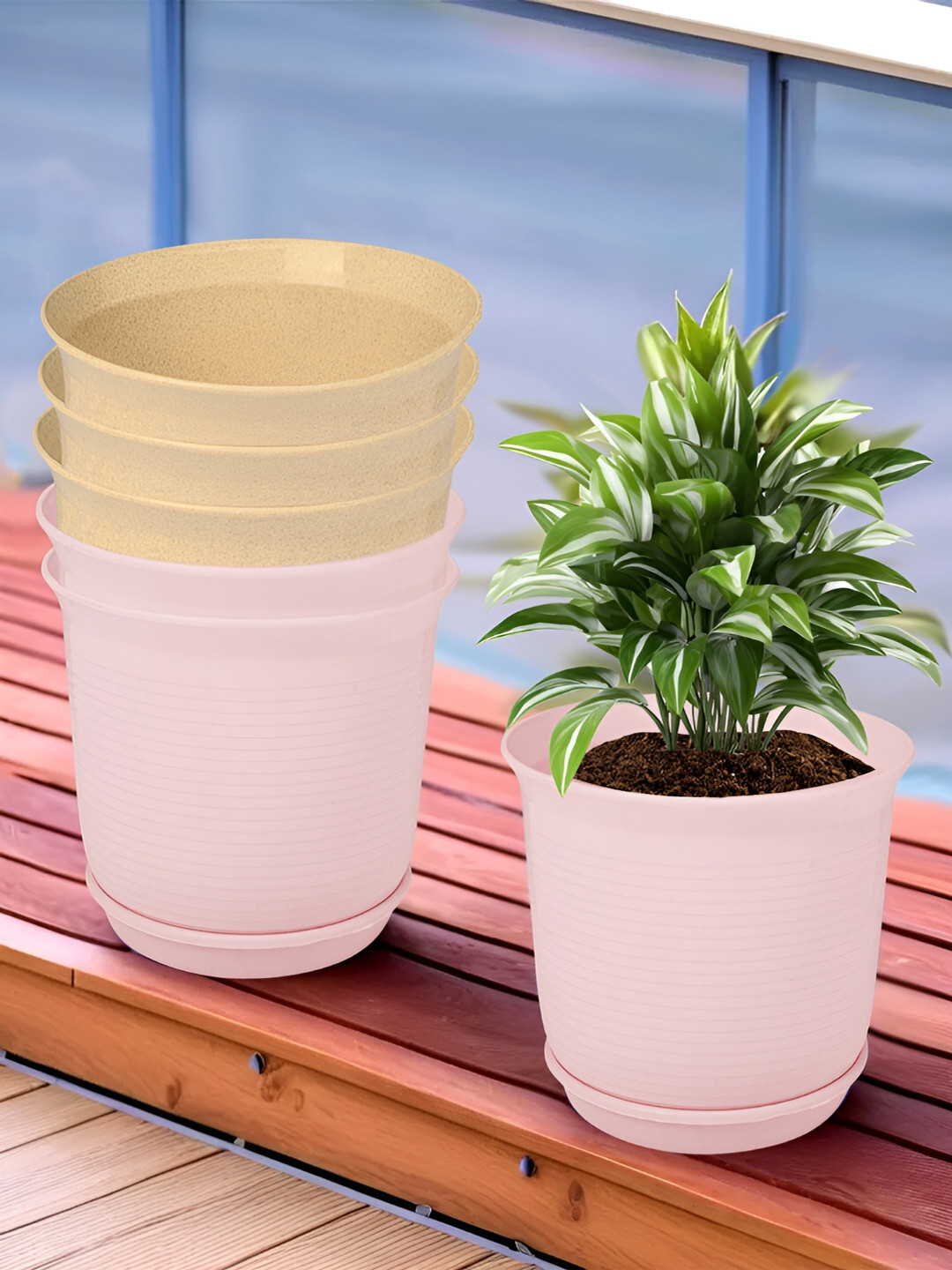 Kuber Industries Marble Sawera Beige & Pink 6 Pieces Textured Planters With Tray