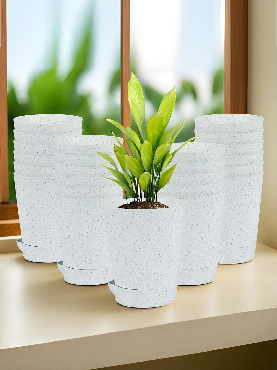 Kuber Industries Marble Titan White 24 Pieces Printed Planters With Tray