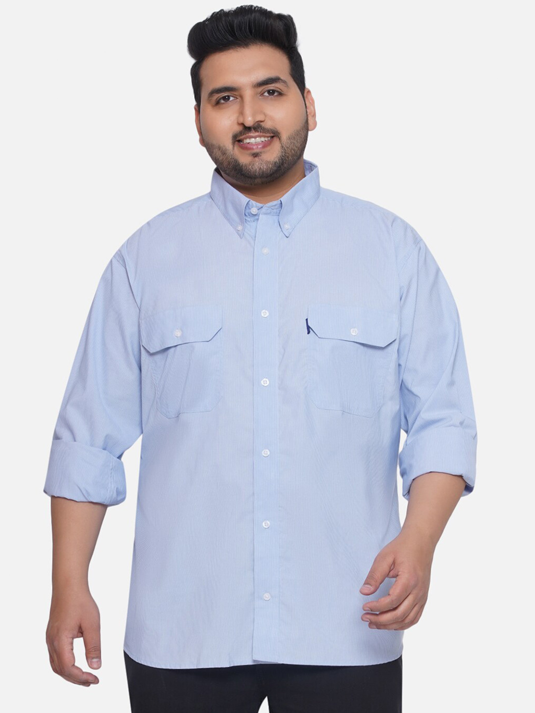 Santonio Men Plus Size Vertical Striped Button-Down Collar Classic Casual Shirt