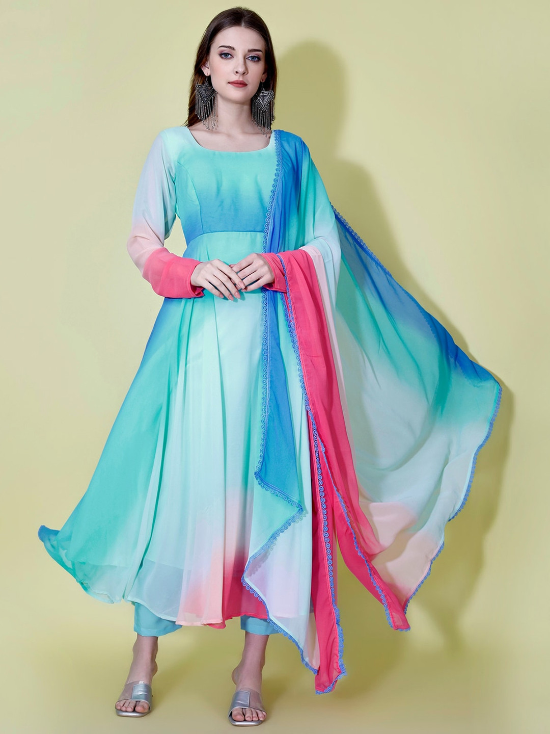 Yara Creation Georgette Round Neck Anarkali Holi Kurta With Palazzos & Dupatta