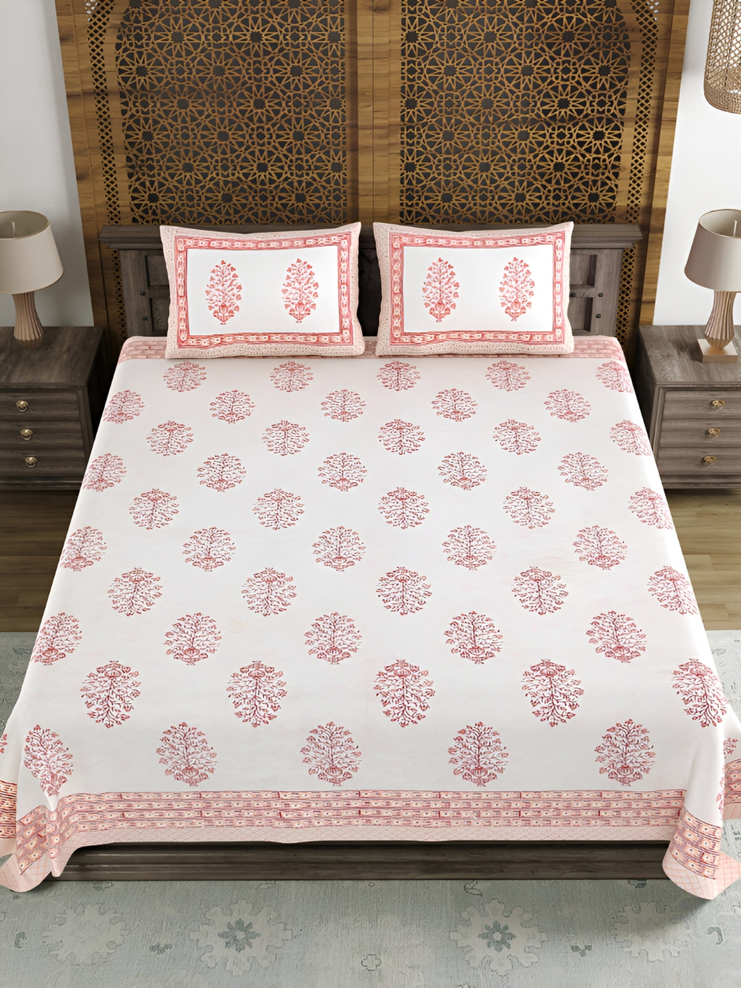 BLOCKS OF INDIA White Floral Cotton 180 TC King Fine Bedsheet with 2 Pillow Covers-87 x 108 inches