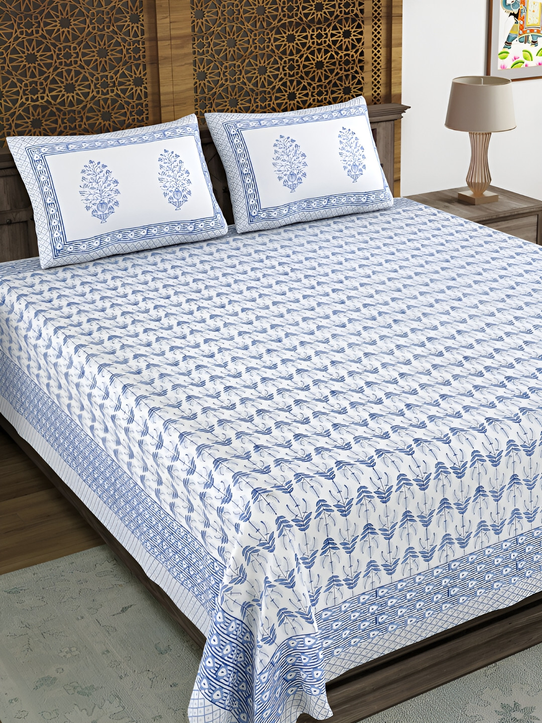 BLOCKS OF INDIA Blue Graphic Cotton 180 TC Double Fine Bedsheet with 2 Pillow Covers-87 x 108 inches