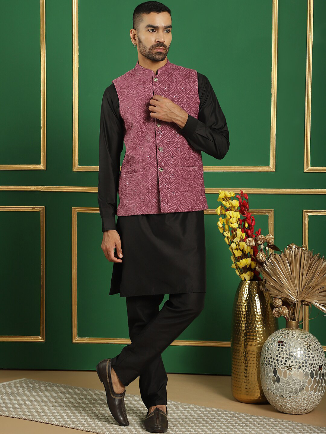 Jompers Mandarin Collar Velvet Straight Kurta & Pyjama With Nehru Jacket
