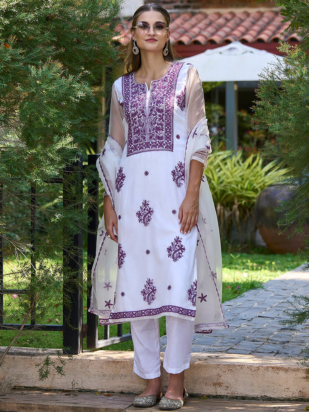Indo Era White Ethnic Motifs Embroidered Organza Straight Kurta & Trouser With Dupatta