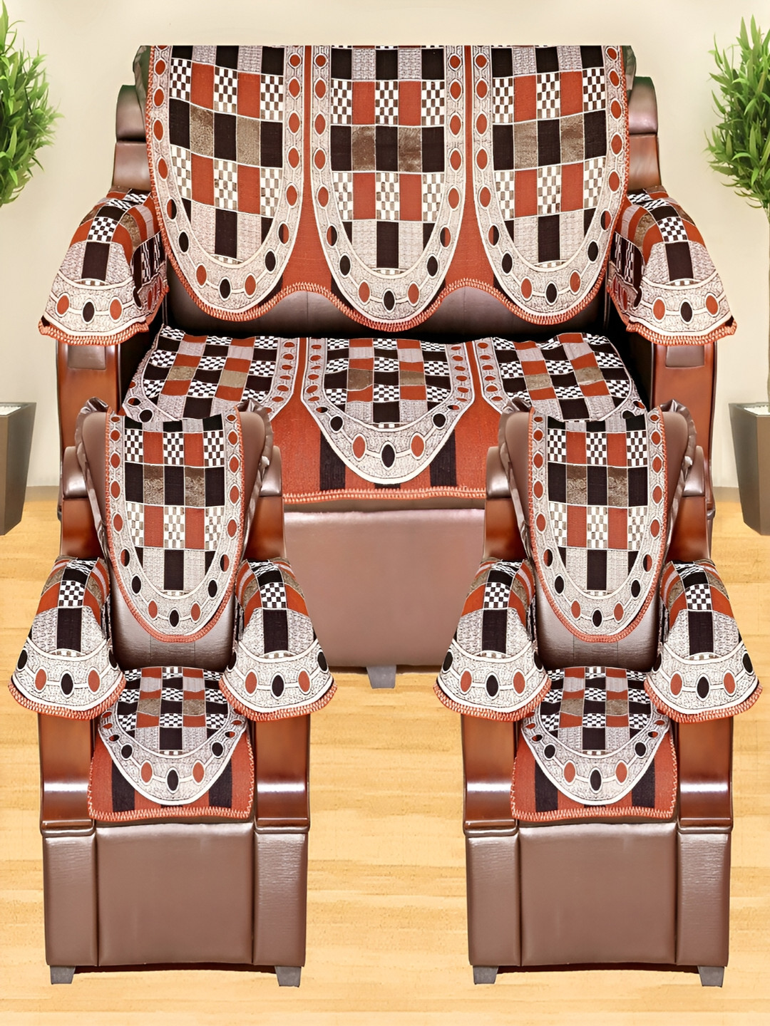 AZOTICA Rust & White 12 Pcs Geometric Cotton 5 Seater Sofa Covers With Arms