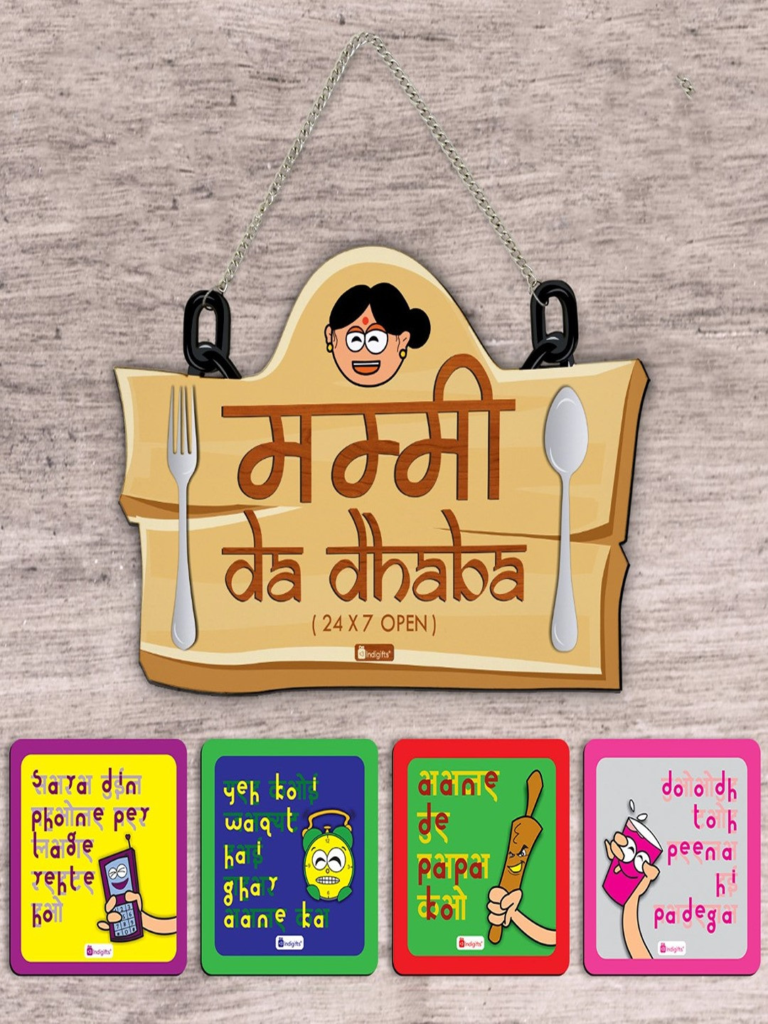 Indigifts Mummy Da Dhabha Wood Matte Hanging Hall Wall Hangings-7In