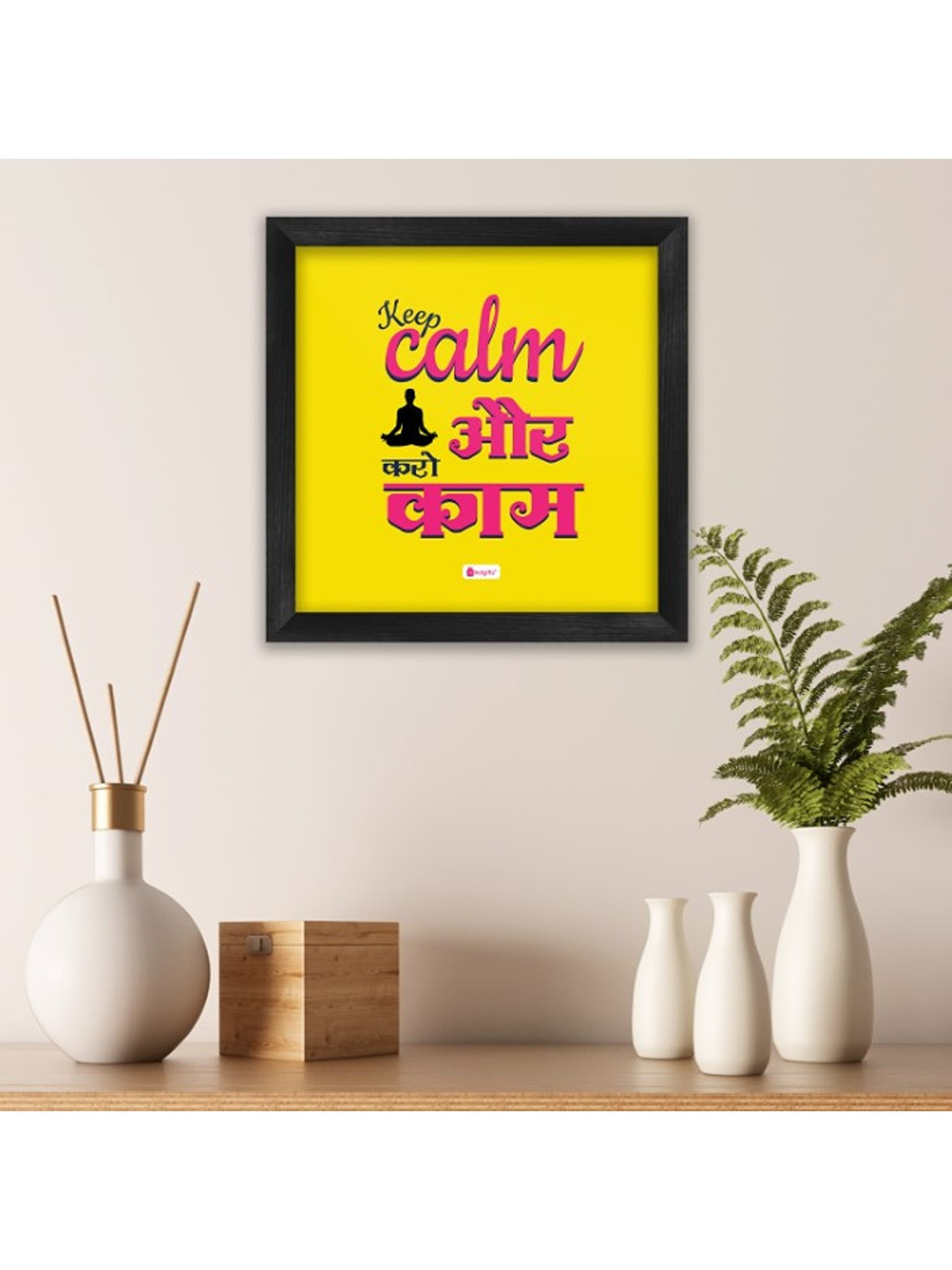 Indigifts Yellow Keep Calm AUR Karo Kaam Printed Wooden Wall Art