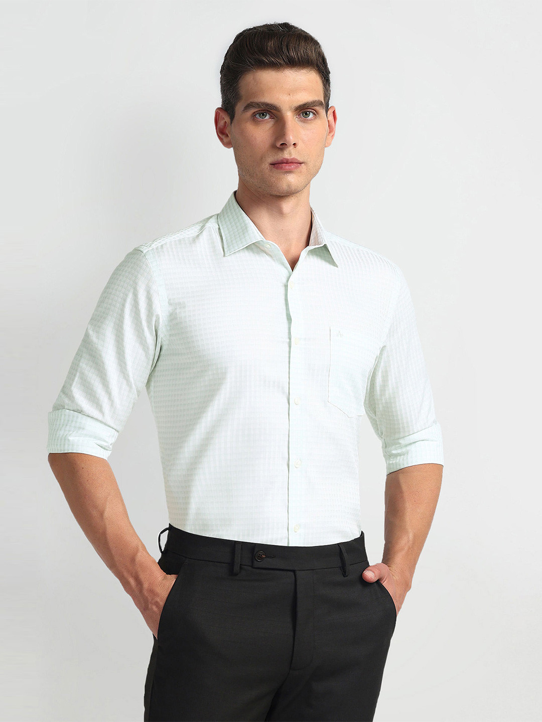 Arrow Auto Press Slim Fit Micro Checks Spread Collar Twill Cotton Autopress Formal Shirt