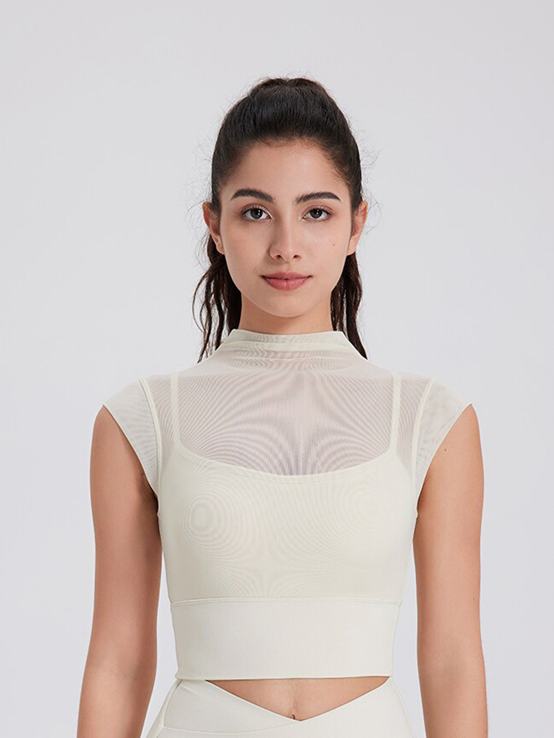 JC Collection High Neck Cap Sleeves Fitted Crop Sports Top