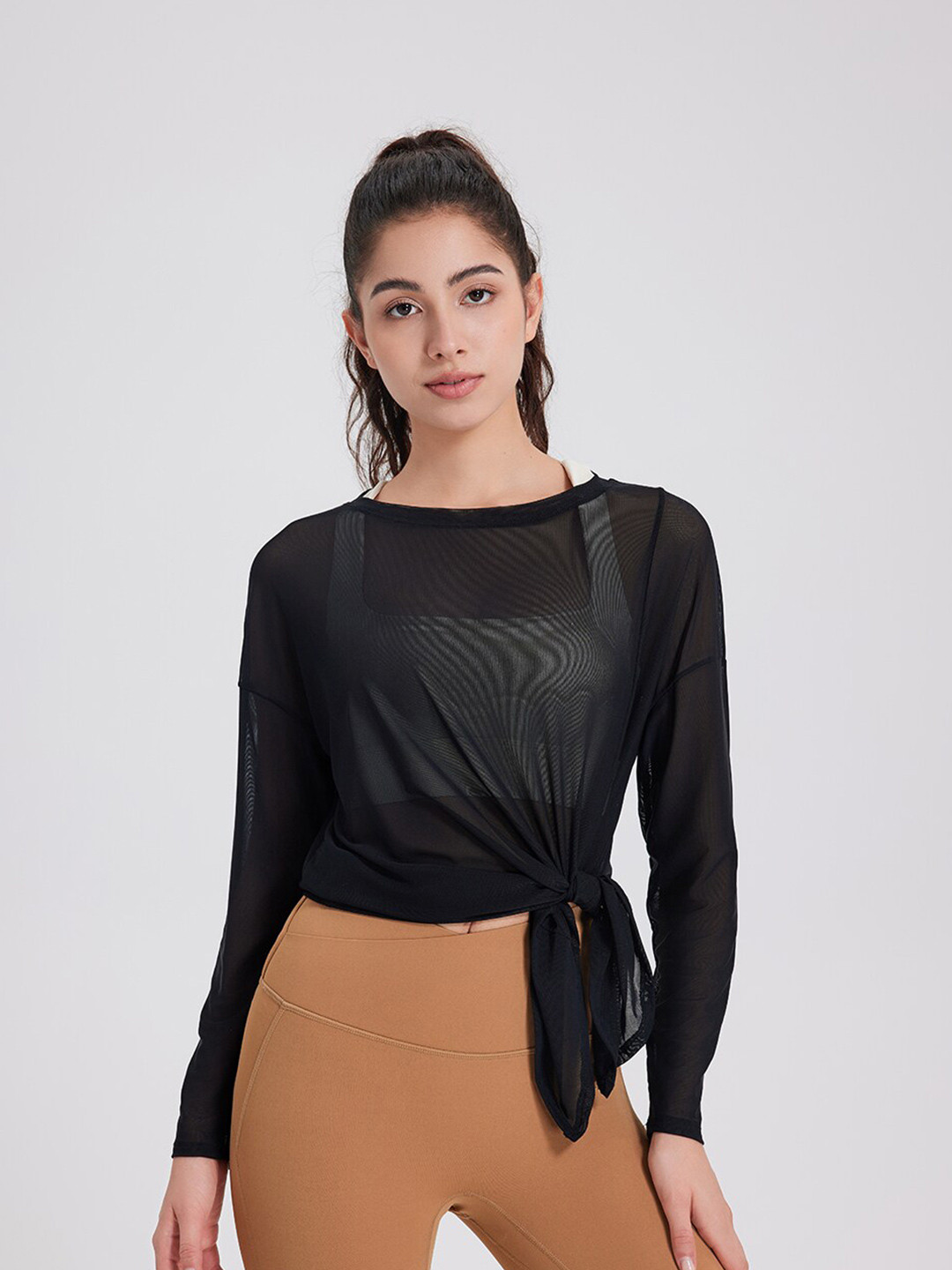 JC Collection Sheer Round Neck Tie Up Detail Top