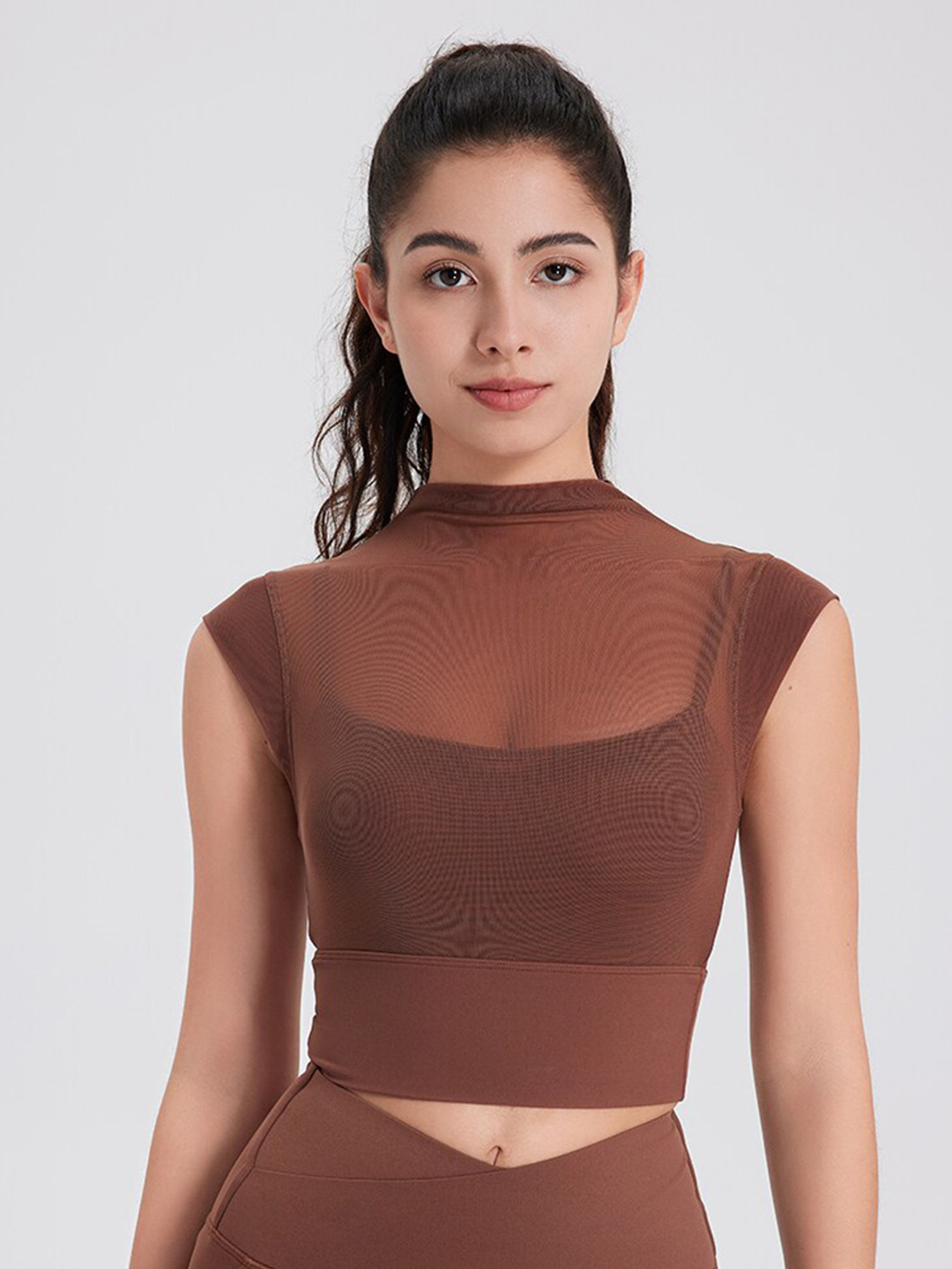 JC Collection High Neck Cap Sleeves Fitted Crop Sports Top