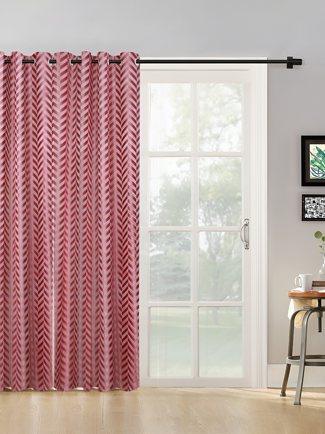 SOKNACK Red & Pink Abstract Black Out Door Curtain