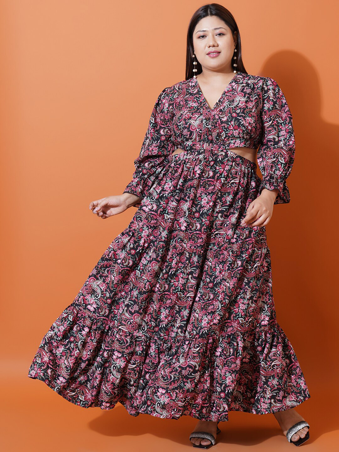 U&F Beyond Plus Size Floral Printed V-Neck Bell Sleeve Cut Out Maxi Dress