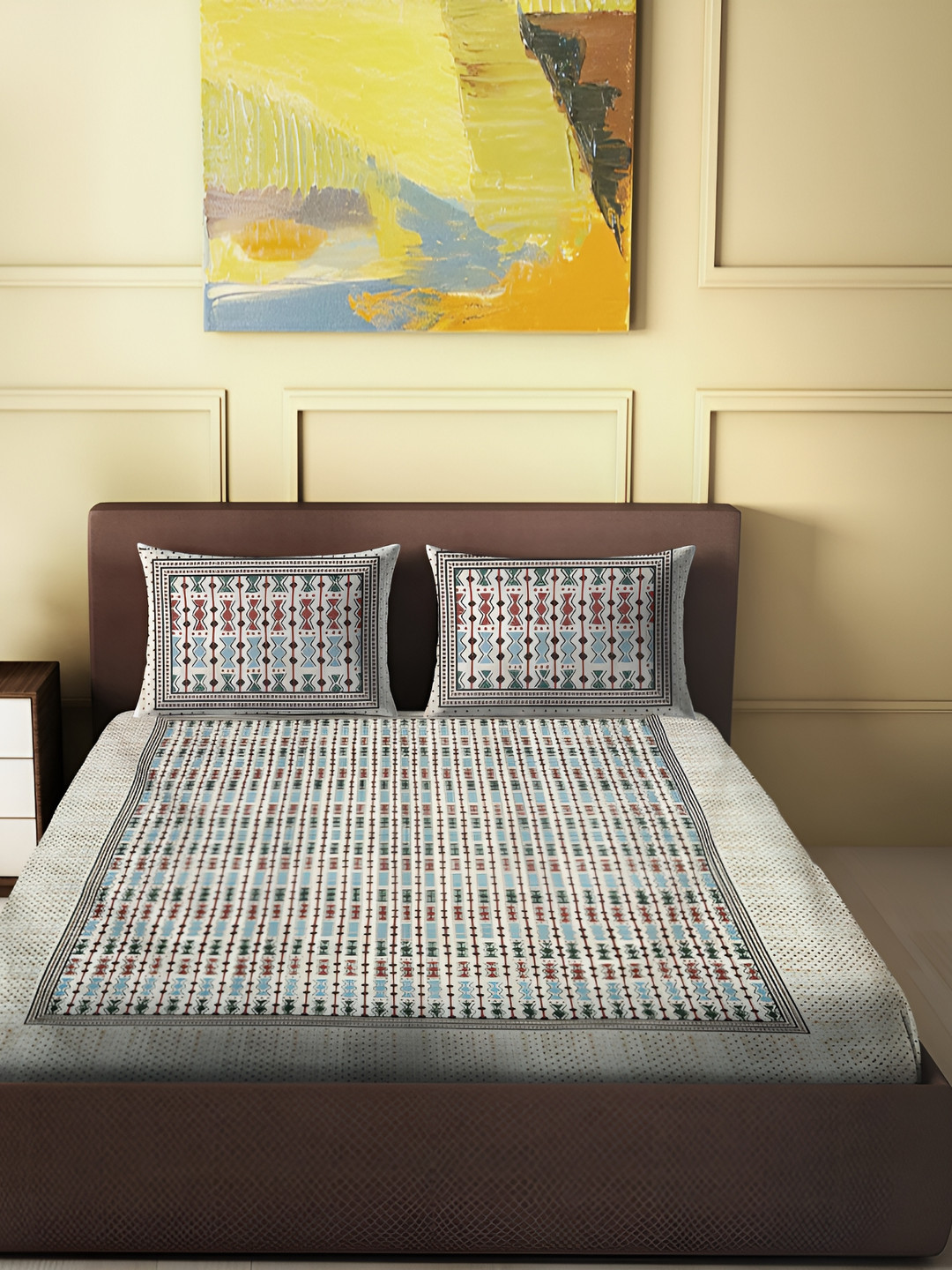 Spangle Geospace Beige Geometric Cotton 280 TC King Fine Bedsheet with 2 Pillow Covers-274 x 254 cm