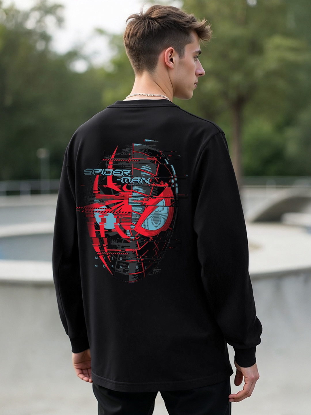 Bewakoof Black Across The Spiderverse Graphic Printed Oversized Pure Cotton T-shirt