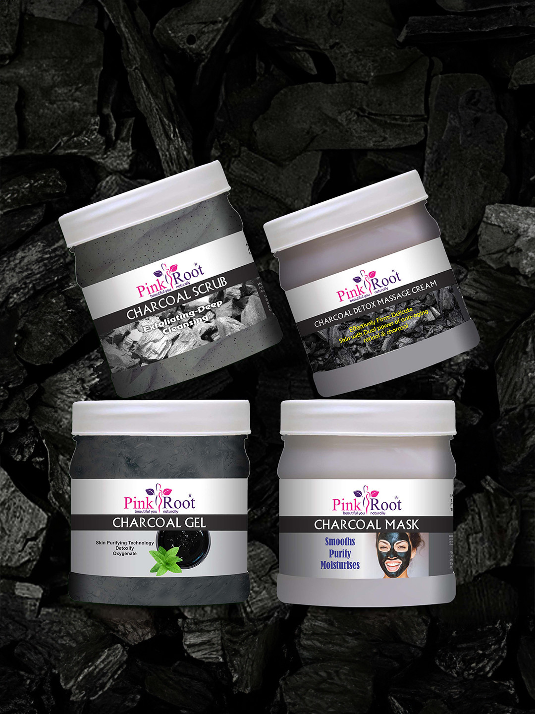 Pink Root Charcoal Eco Massage Cream Massage Gel  Face Mask Facial Kit-500gm Each