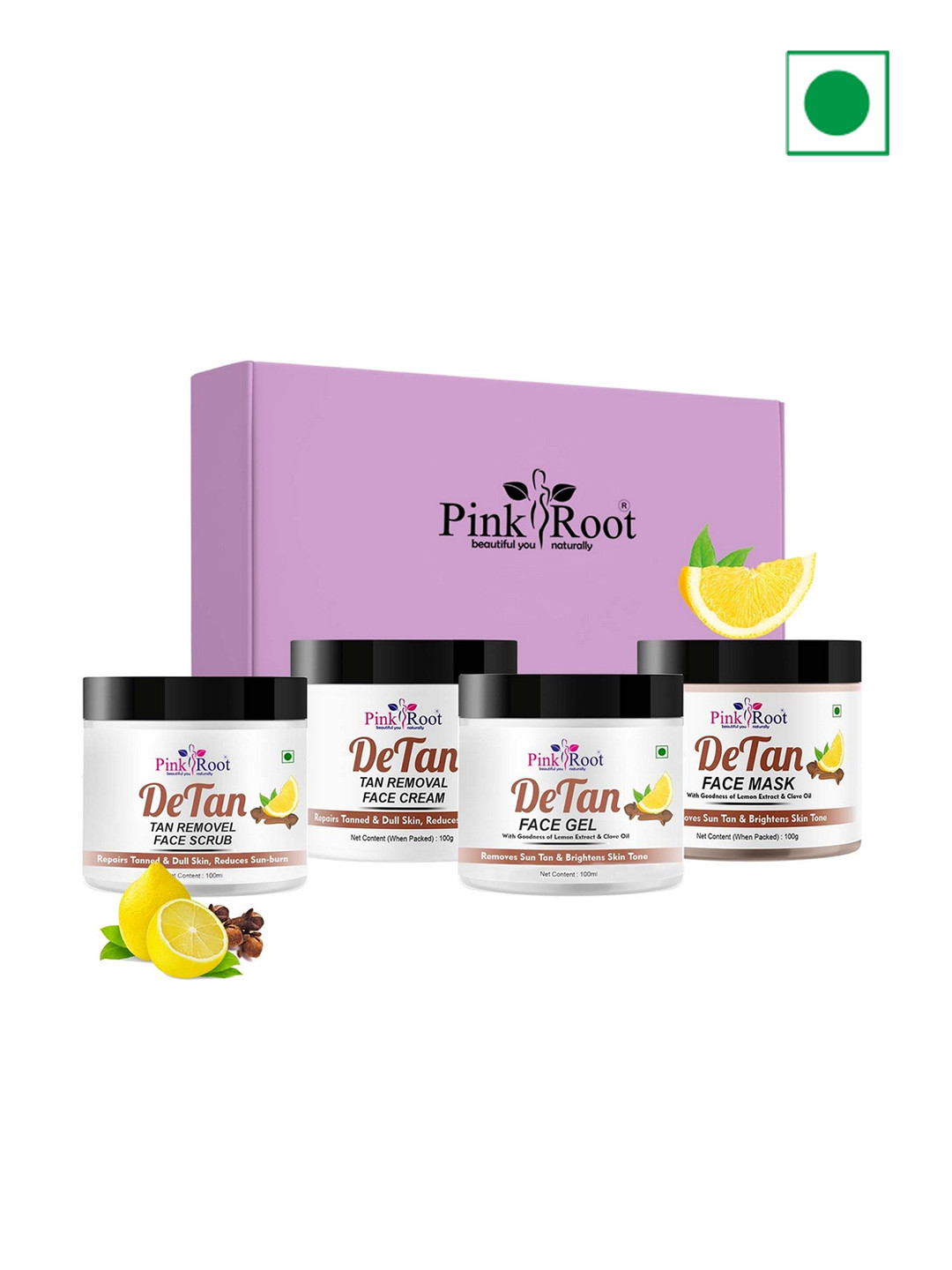 Pink Root Detan Face Scrub Face Cream Face Gel Face Mask Facial Kit-100gm Each