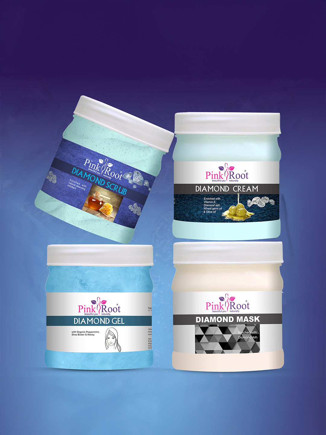 Pink Root Diamond Eco Scrub Cream Gel Mask Facial Kit Skin Brightening Ubtan-500gm Each