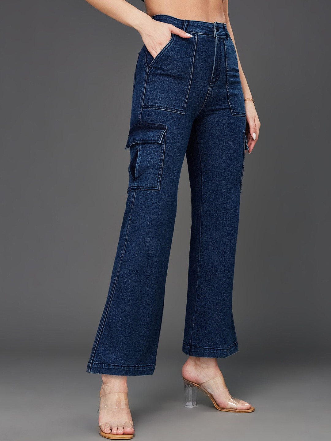 Miss Chase Women's Wide-Leg High-Rise Regular-Length Stretchable Denim Cargo Jeans